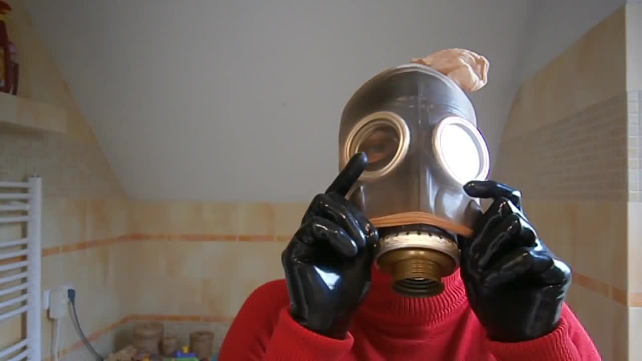 Nylon mask over Russian gas mask SchM-41