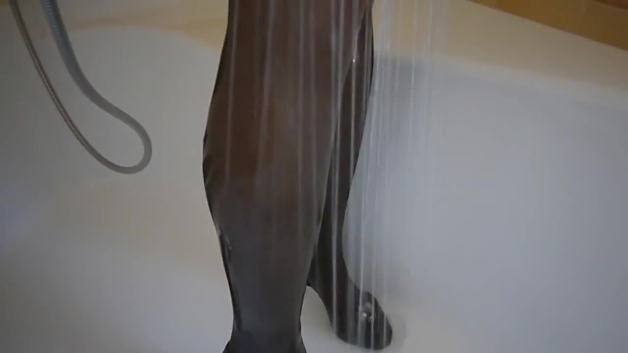 Wetlook – satin sleepwear, black stockings, heels