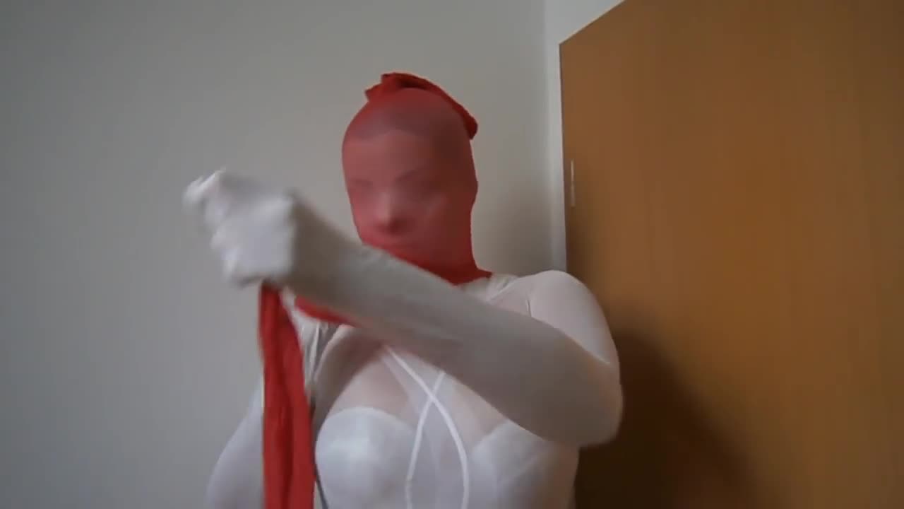Red pantyhose encasement over white encasement